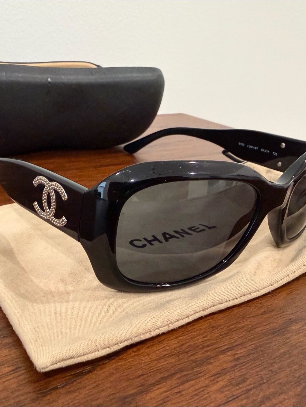 CHANEL Black Oversized Sunglasses with Crystal CC Emblem